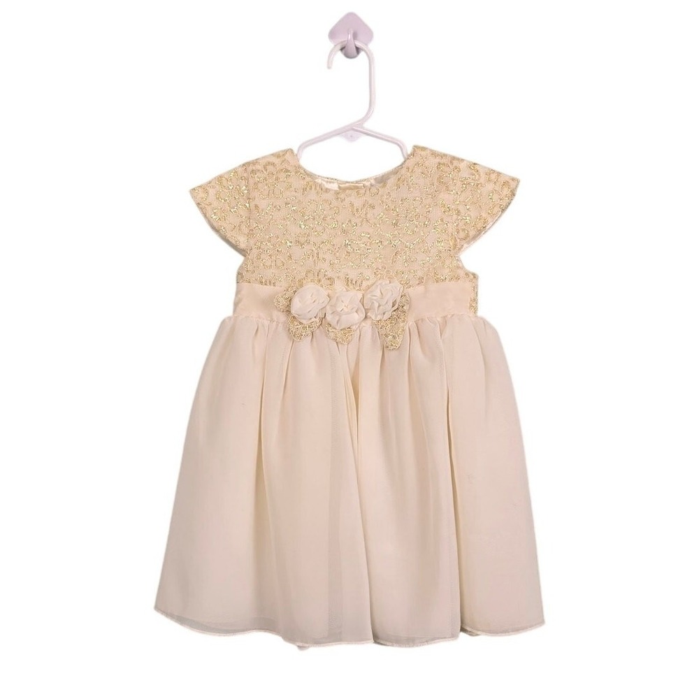 Penelope Mack Special Occasion Dress Girls 2T Cream Gold Metallic Lace Rosette